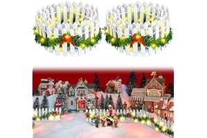 Spiareal 4 Pcs 35 Inch Christmas Village Accessories Christmas Village Fence Xmas Miniature Wood Decorative Garden Picket Fence with 4 Pcs 9.84 ft LED Light Dollhouse Landscape(White)
