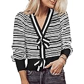 Saodimallsu Womens Striped Cropped Sweaters V Neck Cute Bow Tie Puff Sleeve Loose Knit Trendy Pullover Sweater