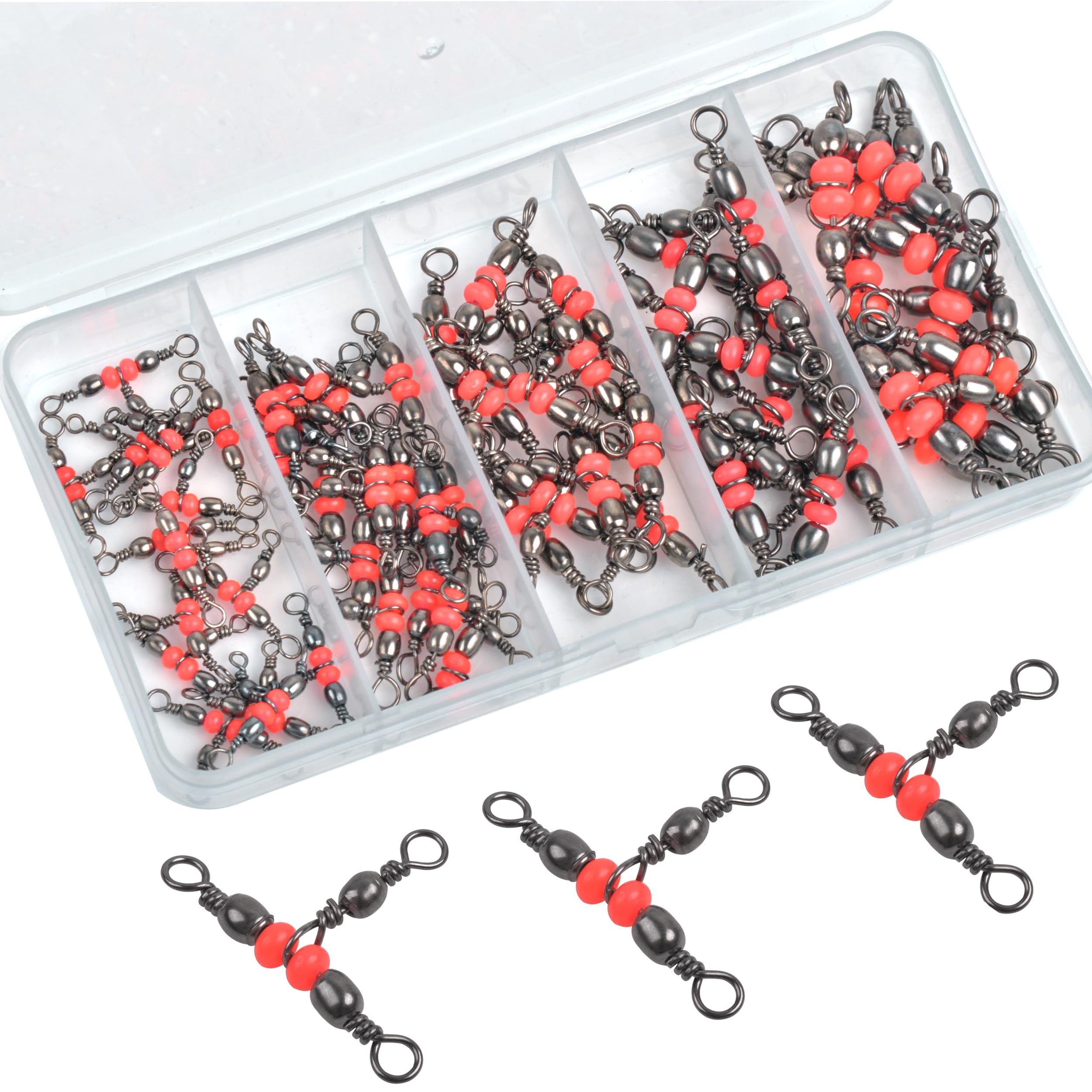 JSHANMEI T Turn 3 Way Fishing Swivels Kit - 60pcs Cross-line Crane Swivel 3 Way Fishing Swivel Fishing Line Connectors Red Triple Barrel Swivels Tackle Equipment
