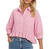 LOMON Womens 3/4 Sleeve Button Down Tops Dressy Casual Collared Shirts Blouses Ruffle Babydoll Tops Loose Fit