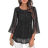 Viracy Womens Dressy Tops Crewneck 3/4 Sleeve Tunic Tops Pleated Front Double Layers Elastic Mesh Casual Flowy Work Shirts