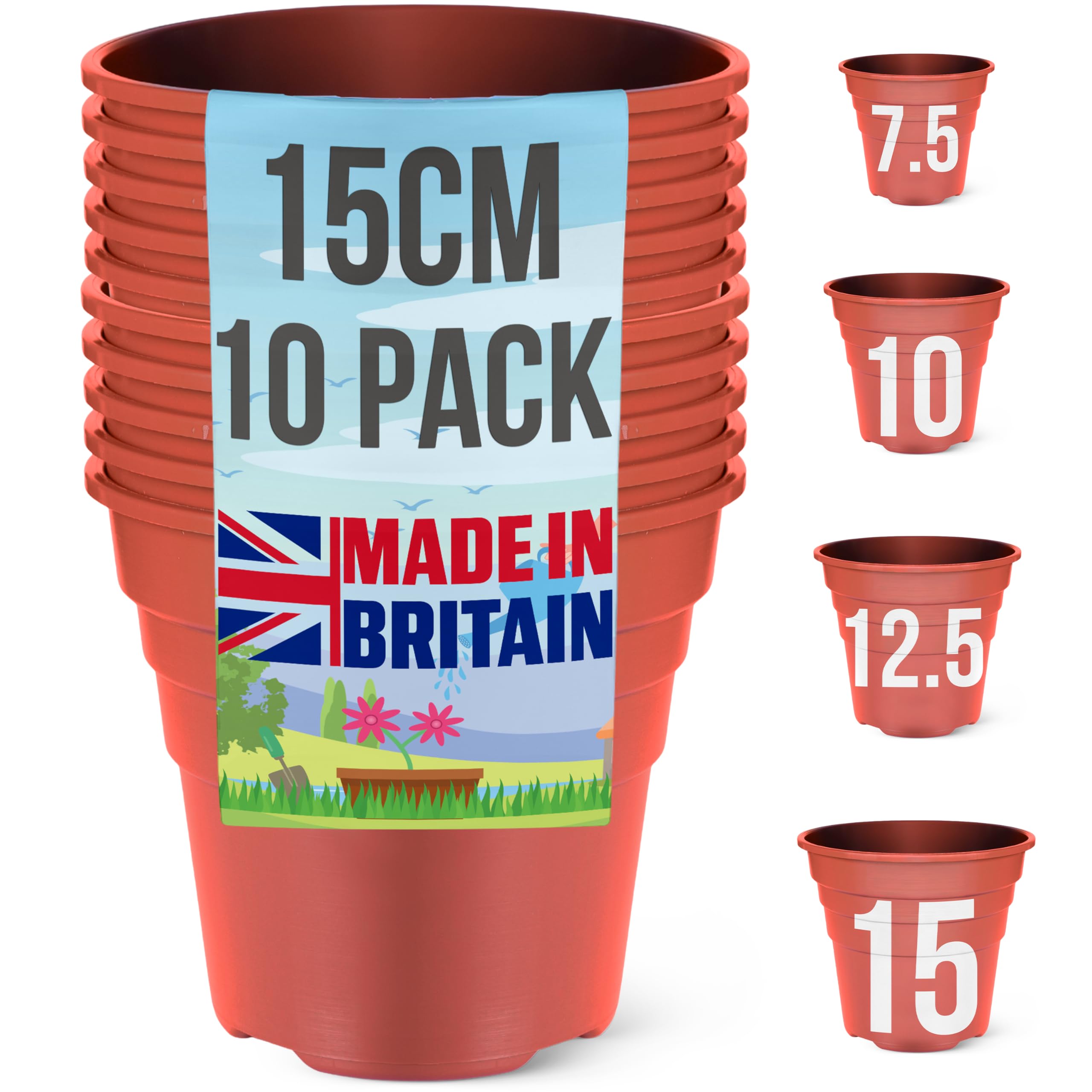 Happy Pots - 15cm Gloss Terracotta - Pack of 10 Premium Plastic Plant Pots - Reusable Flower Pots for Indoor/Outdoor Home Décor Gardening - Round, Heavy Duty, UV Resistant, Recyclable - Made in UK