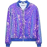 Girls' Ombre Sequin Bomber Jacket with Pockets Lightweight Sparkle Long Sleeve Zipper Gradient Jackets for Kid