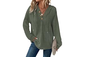 Dimur Hoodies for Women Waffle Knit V Neck Oversized Sweatshirt Button Down Drawstring Hooded Pullover Tops for Fall 2025