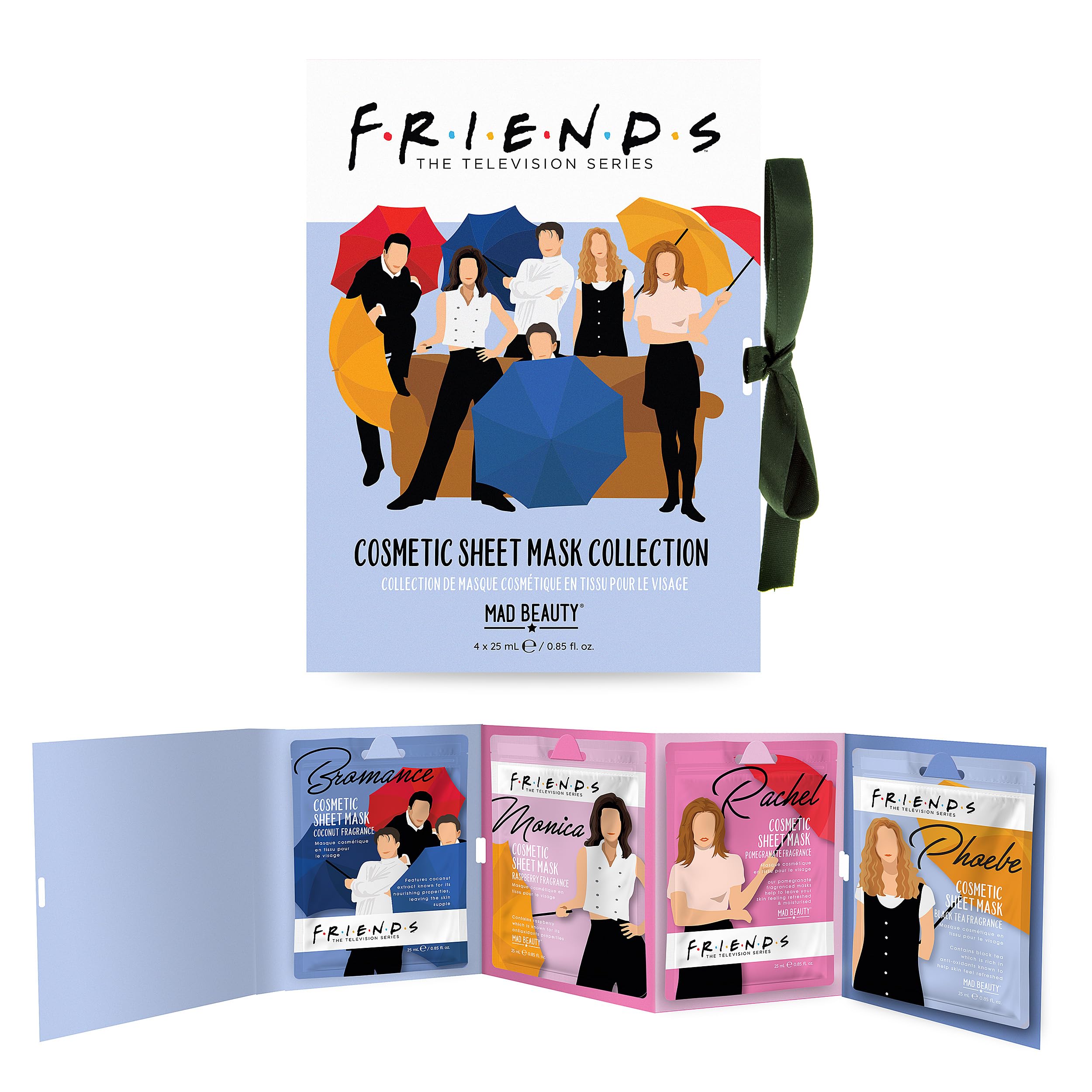MAD BEAUTY Friends Sheet Face Masks Booklet (Pack of 4) | Bromance, Monica, Phoebe, Rachel | Coconut, Raspberry, Black Tea, and Pomegranate