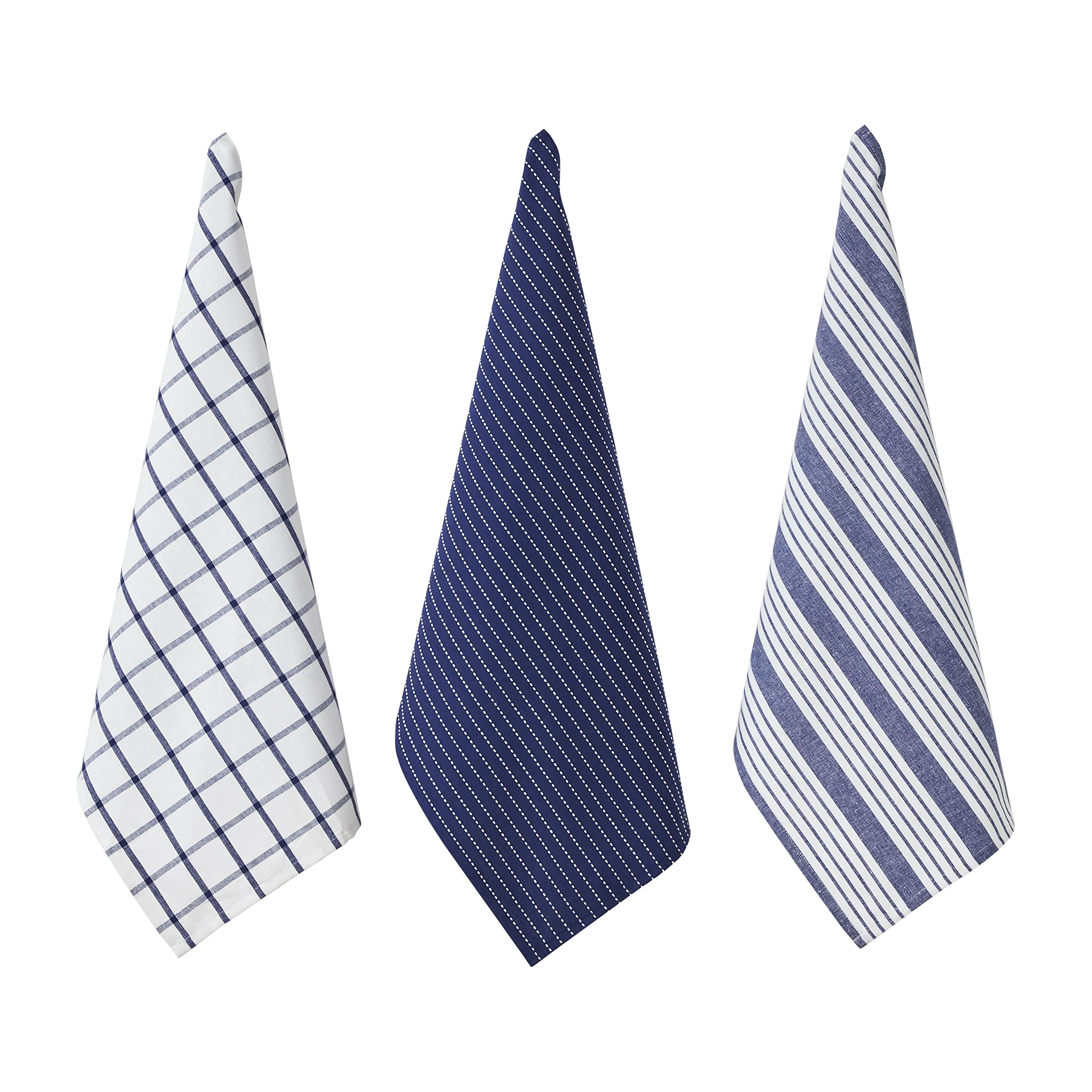 Penguin Home Set of 3 100% Cotton Kitchen Towels, Eco Friendly Sustainable Tea Towels Stylish with Different Pattern, Size - 50x70 cm Colour - White & Blue Dish Towels