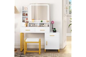 YITAHOME Vanity Desk with Mirror and Lights, Makeup Vanity Table with Power Outlet, Drawers, Vanity Table Set, 3 Lighting Modes Brightness Adjustable, Bedroom (White)