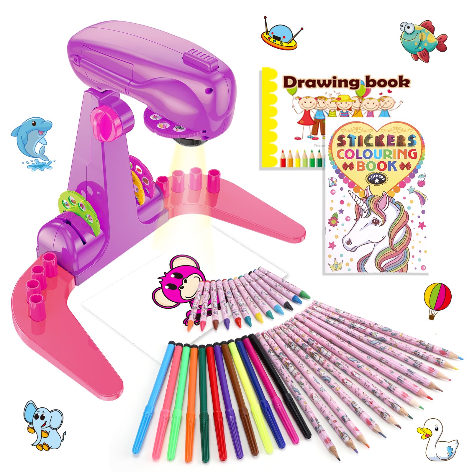 Sumsoltic Girls Drawing Projector Toy for Kids with Water Colour Pens, Unicorn Colouring Book, Drawing Pad and Ruler, 72 Patterns Art Painting Set, Educational Toys for 3 4 5 6 Years Old Girls