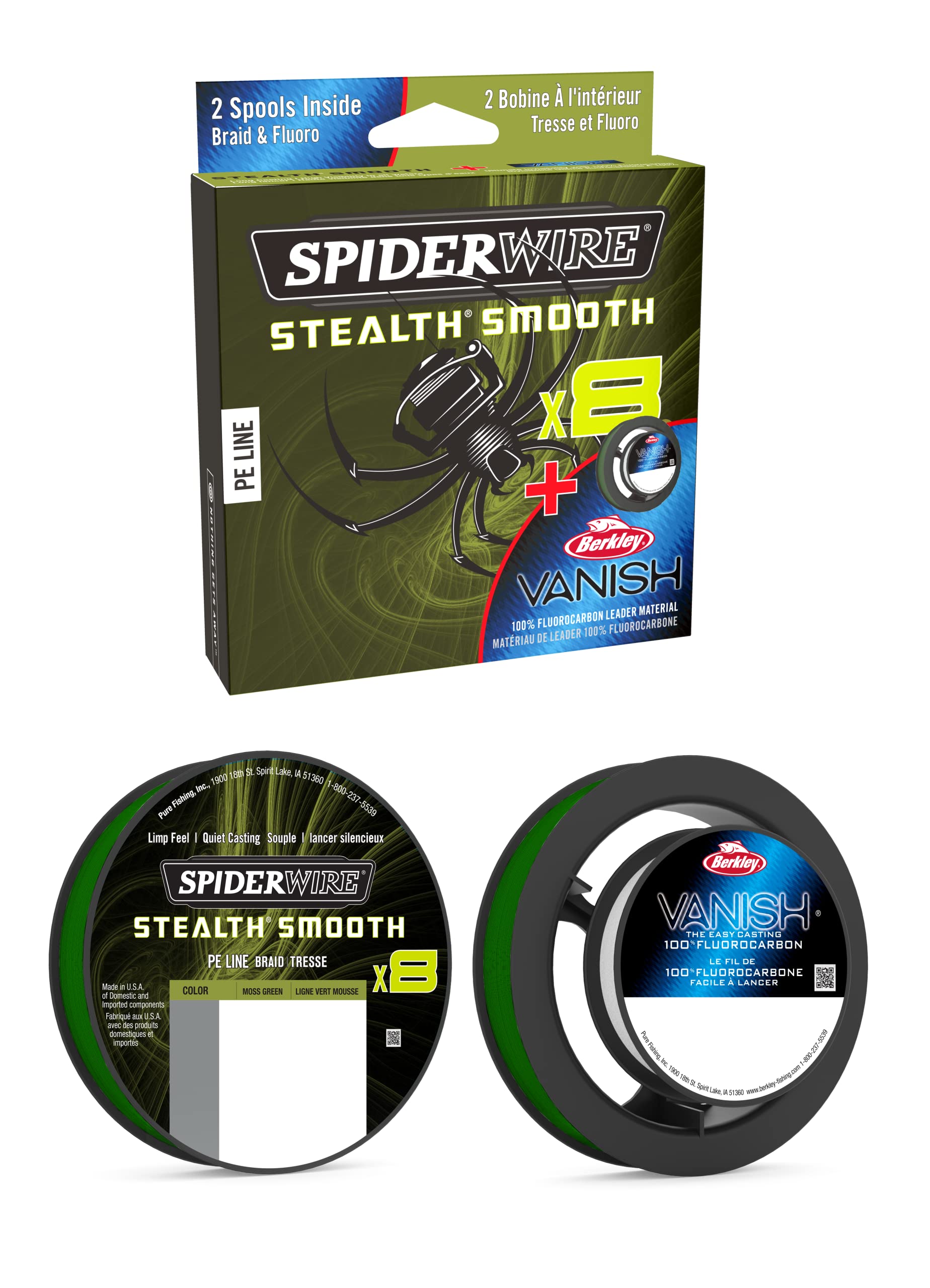 SpiderWire 8 Braid & Fluorocarbon Duo Spool System, Fishing Line, Superline, , Predator Fishing, Pike, Perch, Zander, Trout, Unisex, Moss Green / Clear, 0.09mm | 7.5kg | lb | yd