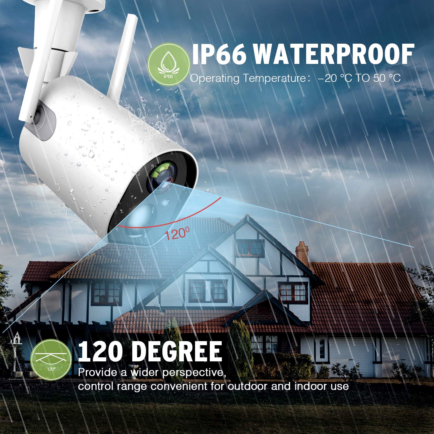 Outdoor Camera Wireless, Rechargeable Security Camera, Motion Detection, 2-Way Audio, Night Vision, IP66 Waterproof, with 10400mAh Battery, 4DB Wireless Antenna, Indoor/Outdoor 1080P WiFi Camera