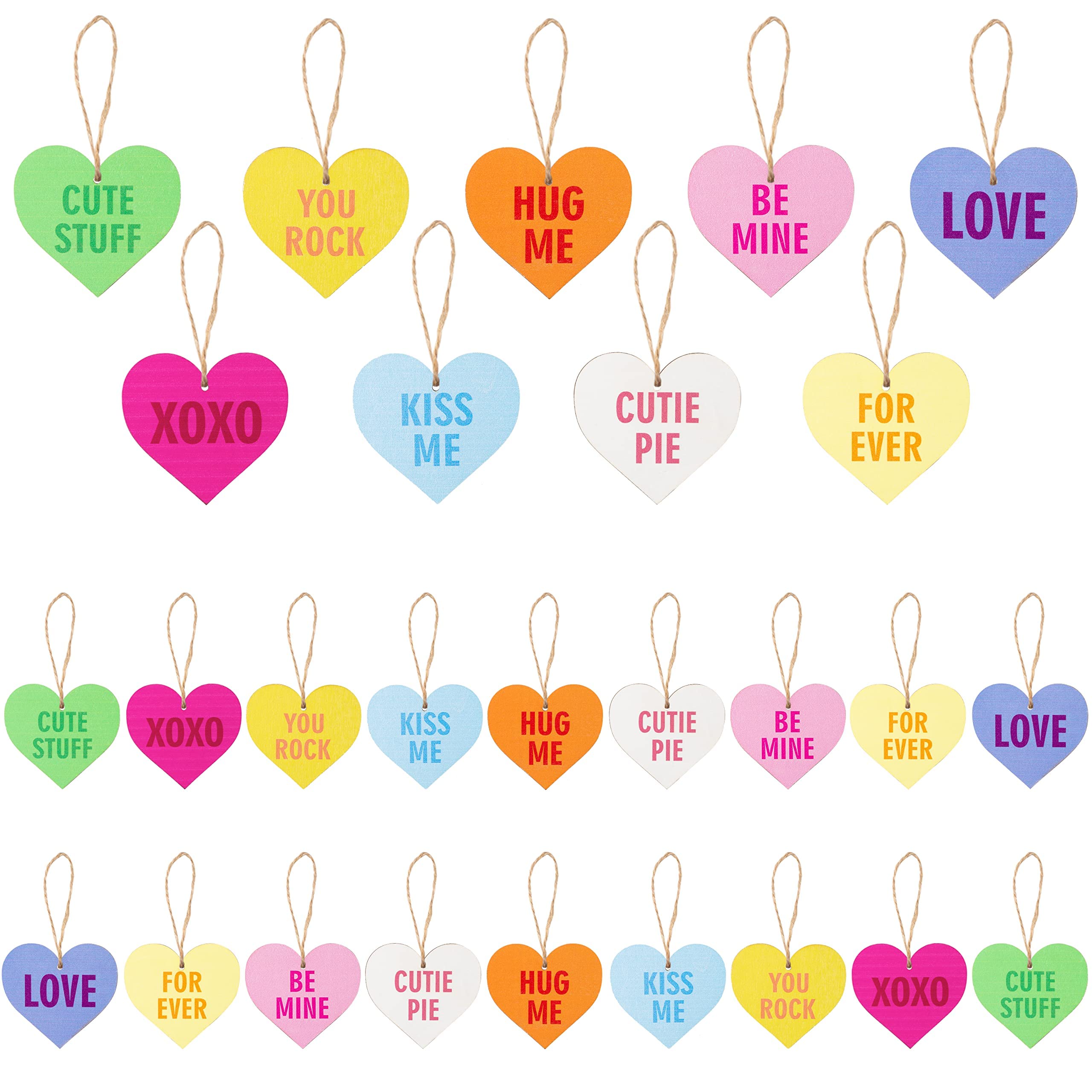 Haooryx 28Pcs Sweet Conversation Candy Heart Wood Ornaments Decoration, Heart Shaped Hanging Decorations Love Heart Embellishments Wood Slices Tag Wedding Ceremony Anniversary Engagement Party Favor