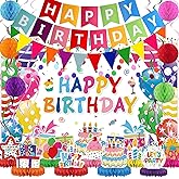 Birthday Decorations Kit, Happy Birthday Party Banner, Honeycomb Balls, Metallic Hanging Swirls, Circle Garland, Colorful Party Decorations, Backdrop Cloth, Centerpieces for Tables