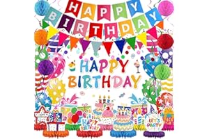 PLEITUUIY Birthday Decorations Kit, Birthday Party Banner, Honeycomb Balls, Metallic Hanging Swirls, Circle Garland, Colorful Birthday Decorations, Birthday Backdrop Cloth, Birthday Centerpieces for Tables