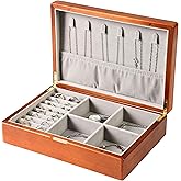 EURIELK Wooden Jewelry Box for Women, Medium Size Real Natural Solid Wood Antique Organizer with Earring Storage, Ring Compartments, Built in Necklace Hooks, ek11-m