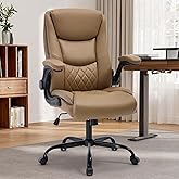 Office Chair, Executive Leather Office Chair with Lumbar Support & Flip-up Armrests, Ergonomic Adjustable High Back Swivel Chair with Rocking Function (Khaki)
