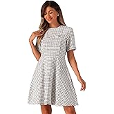 Allegra K Women's Elegant Short Sleeve A-line Dresses Plaid Tweed Dress