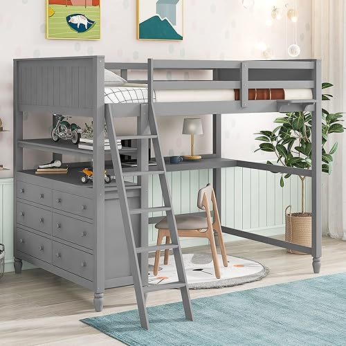 Full Size Loft Bed with Desk Underneath, Solid Wood Loft Bed with