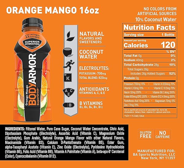 BODYARMOR SPORTS DRINK SPORTS BEVERAGE, VARIETY PACK, COCONUT WATER HYDRATION, NATURAL FLAVORS WITH VITAMINS, POTASSIUM-PACKED ELECTROLYTES, PERFECT FOR ATHLETES, 16 OUNCE, PACK OF 12