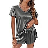 Ekouaer Women Satin Pajamas Set Ruffle Sleeves Silk Pj Set Soft V Neck Sleepwear Loungewear