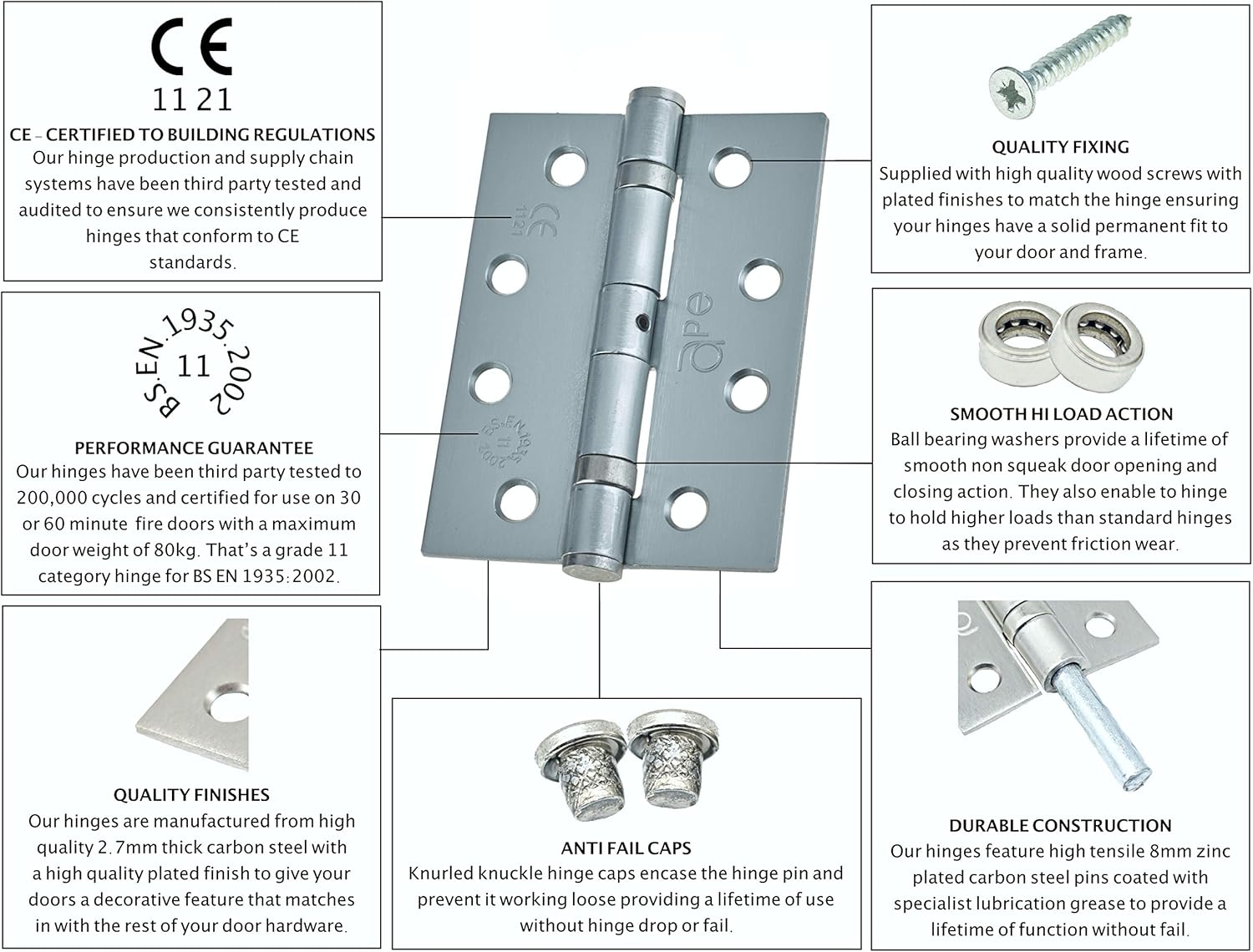 Door Hinge 4" / 102mm Satin Chrome Ball Bearing Washer CE Grade 11 for Fire Door 4 Pair - Image 3