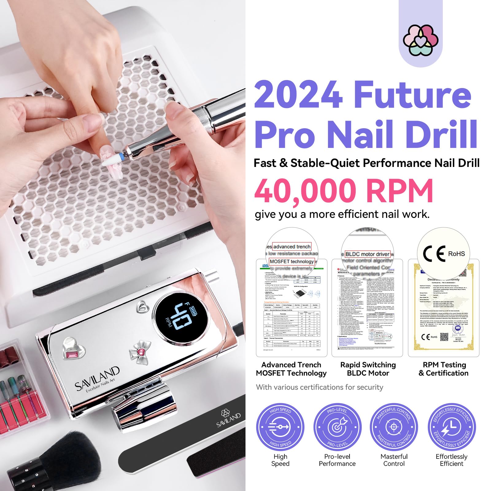 SAVILAND Electric Nail Drill Professional: 2024 Pro Future Tech 40000RPM Nail Drill Kit E File for Acrylic Nails Gel Polish Rechargeable 6000mAh Portable Nail Filer Drill Bits Salon - Image 2