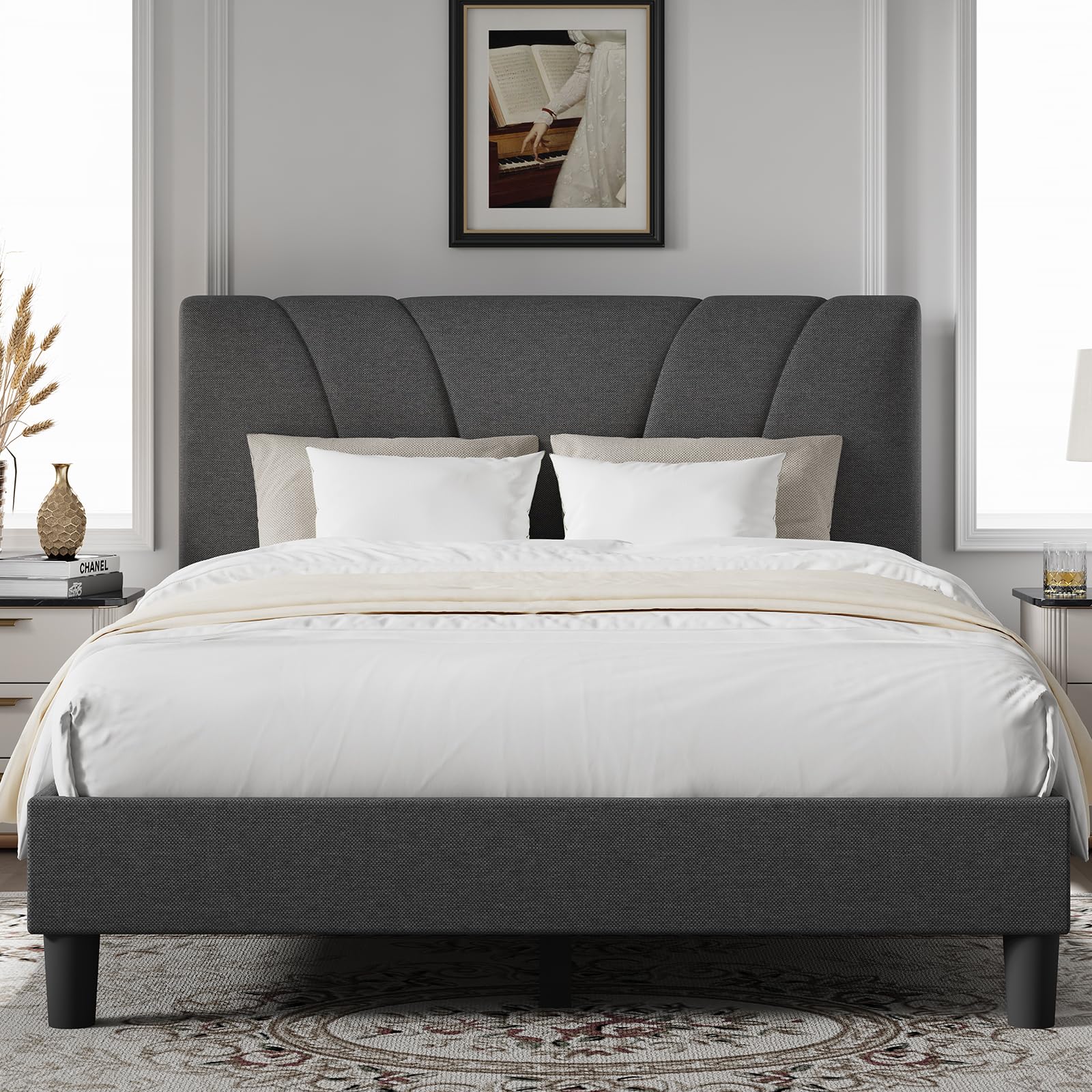 Photo 1 of Novilla King Bed Frame and Headboard, Linen Upholstered King Size Bed Frame with Wood Slats Support, No Box Spring Needed, Heavy Duty Feet, Easy Assembly, Grey