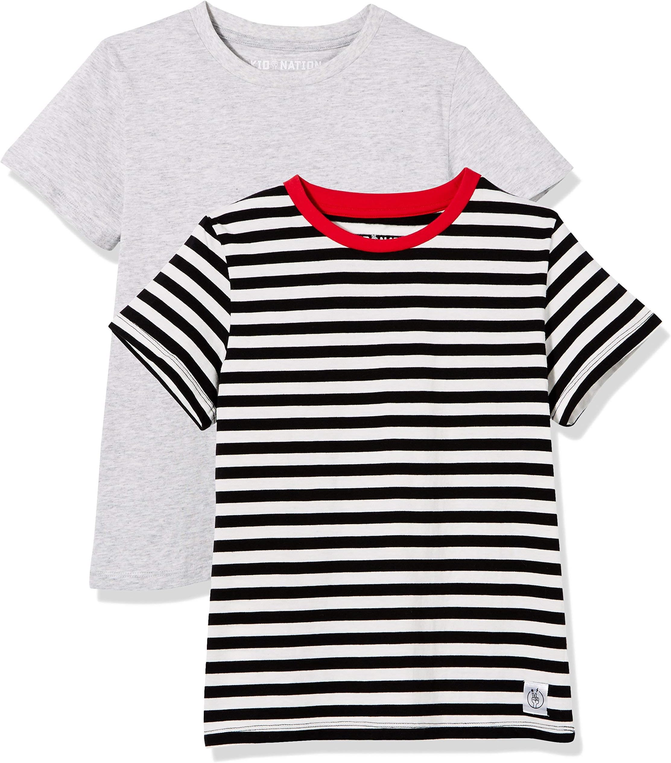 Kid Nation Kids Unisex 2 Packs 100% Cotton Tagless Short Sleeve Jersey Crewneck T Shirts for Boys and Girls 4-12 Years