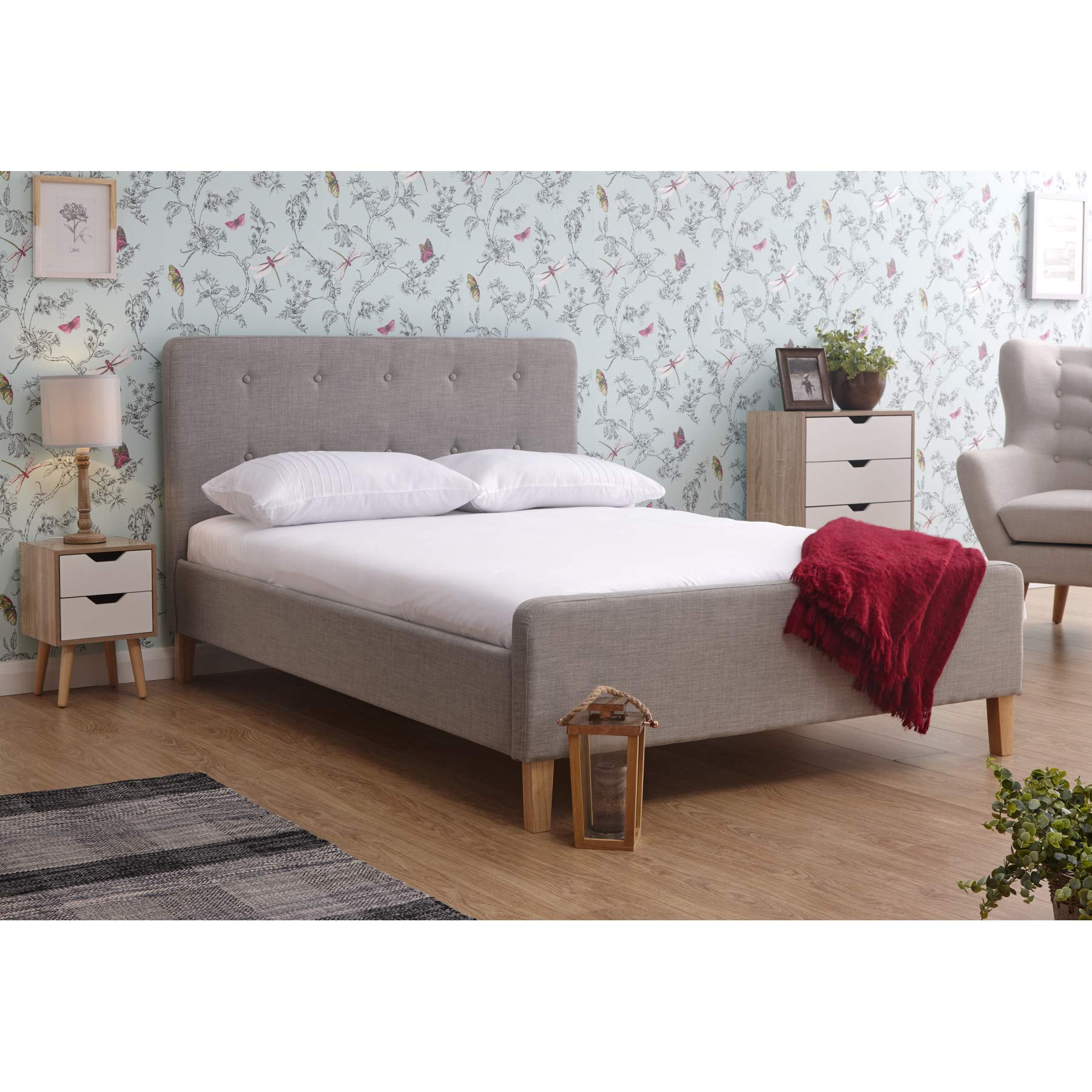 Home Source Retro Light Grey Hopsack Fabric 5ft Modern Bed With Buttoned Headboard, King ,ASH150LGR
