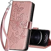 SASYMALY for iPhone 13 / iPhone 14 Wallet case, Flip Folio Cover with Stand Feature for Women Men, PU Leather Phone Case Fit for iPhone 13 / iPhone 14 6.1 lnch [Rose Gold-Butterfly]