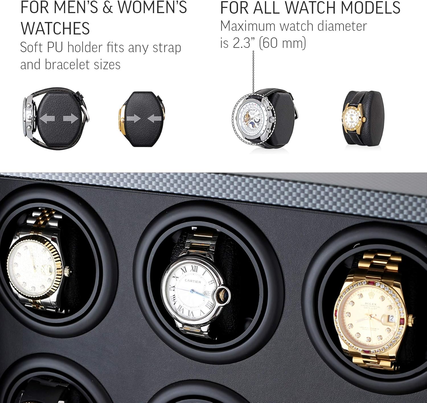 9 Watch Winder with LED Backlight, Remote Control, LCD Display and 2 Watches Storage Compartment (Carbon + Black): Watches
