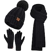 Womens Winter Warm Beanie Hat Touchscreen Gloves Long Scarf Set Rib Cable Knit Fleece Lined Skull Pom Caps