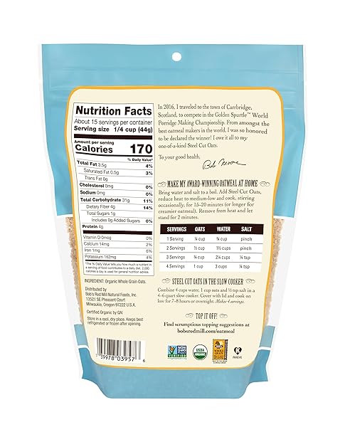 BOB’S RED MILL ORGANIC STEEL CUT OATS, 24OZ (PACK OF 1) – NON GMO, WHOLE GRAIN, VEGAN, KOSHER