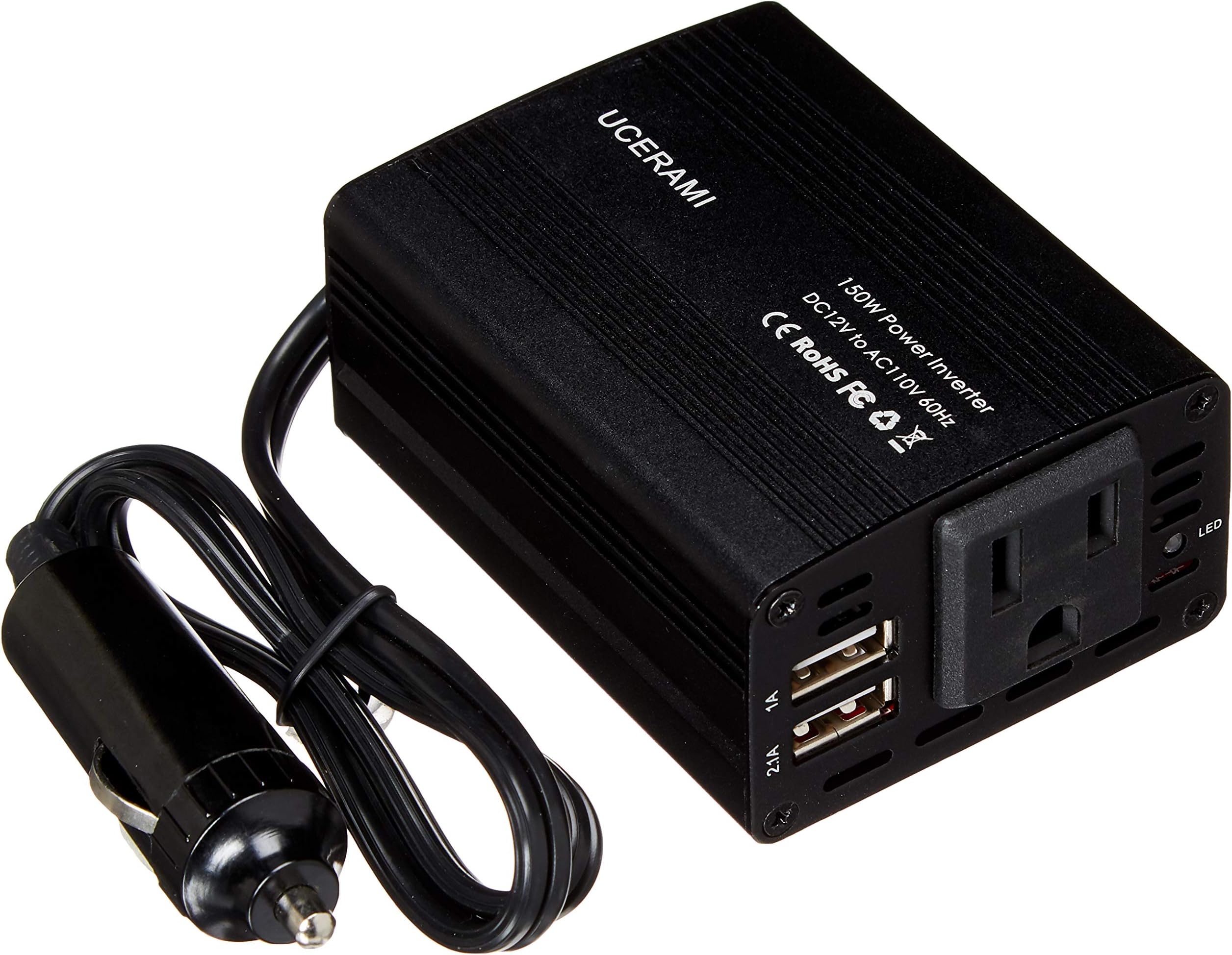 UCERAMI Power Inverter 150W DC 12V to 110V AC Outlet Car Adapter Converter with Smart USB Charger