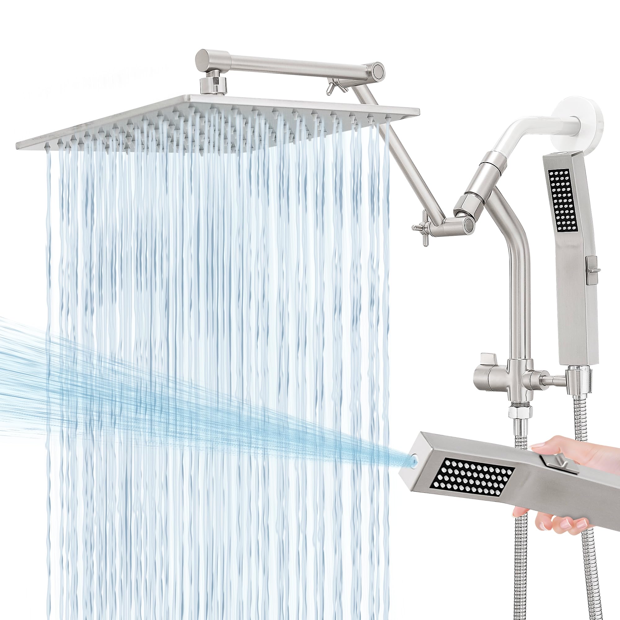 Photo 1 of All Metal 10 Inch Rain Shower Head with Handheld Built-in Power Wash Mode, High Pressure Waterfall Rainfall Square Shower Heads with 16" Adjustable Extension Arm, Dual Showerhead(Brushed Nickel)