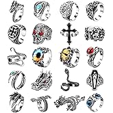 Helicopchain 20Pcs Vintage Punk Rings for Men Women Adjustable Open Gothic Knuckle Rings Set Y2K Rings Frog Snake Dragon Claw Peacock Rings Retro Jewelry Rings
