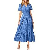 Simplee Womens Summer Boho Maxi Dress Semi Formal Wedding Guest Short Sleeve V Neck Empire Waist Floral Long Dresses
