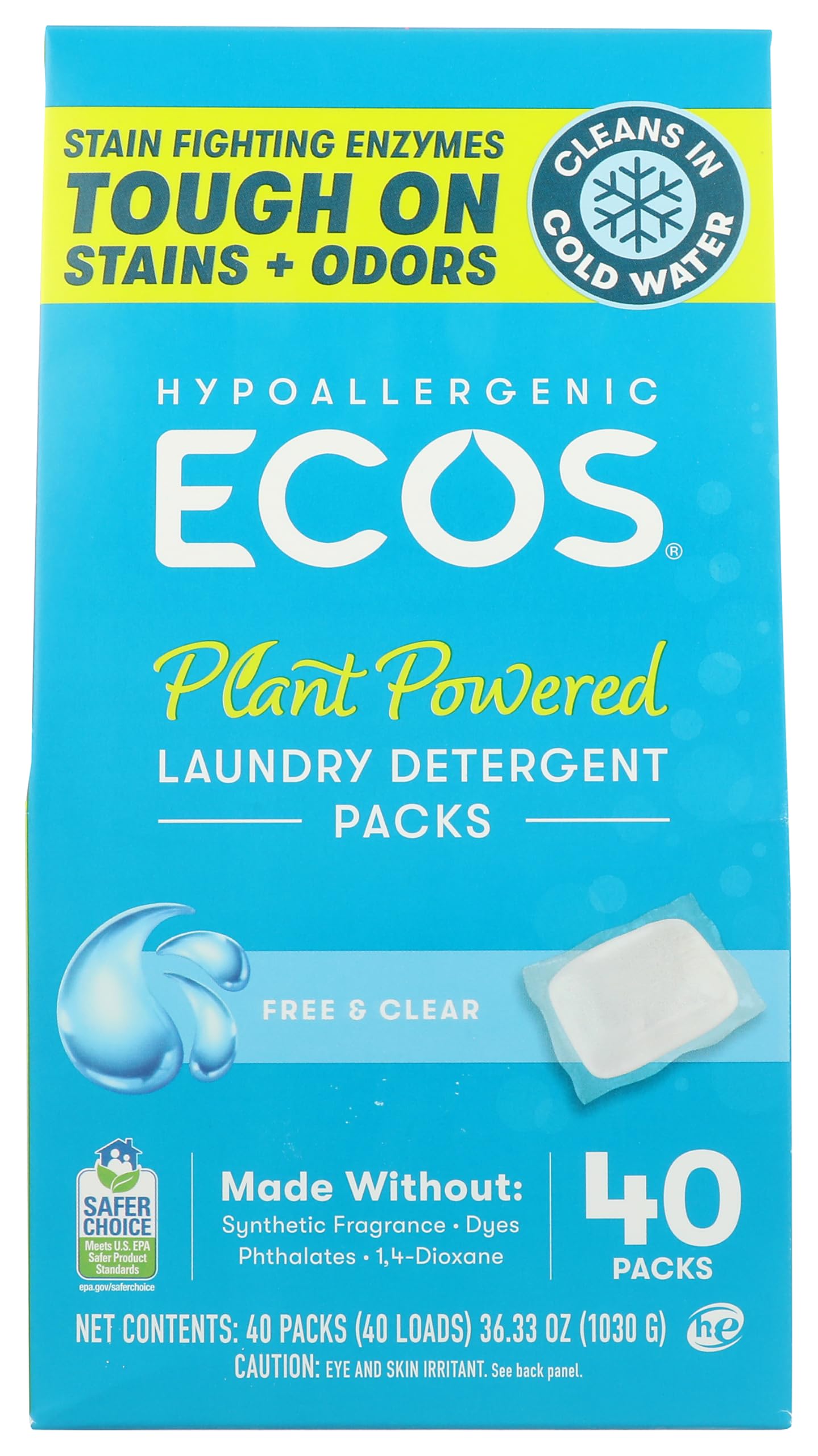 Ecos, Free And Clear Laundry Detergent Packs, 40 Count