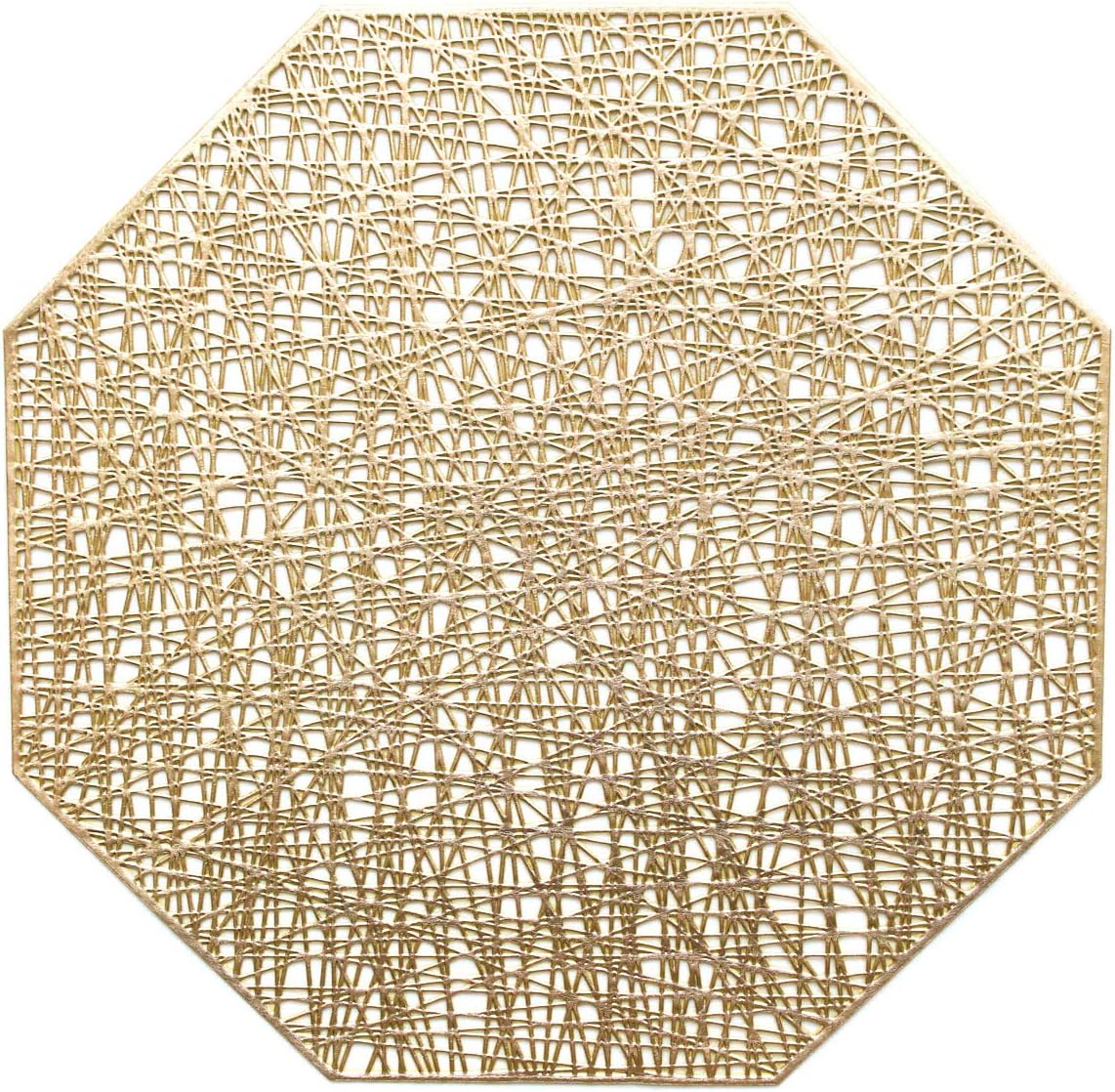 Wintop 15" Round Vinyl Metallic Placemats Hollow Out Design, Set of 6, Functional Mat for Dining Table Durable Non-Slip，Octagonal Gold