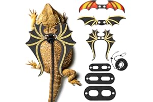 Wesnoy Bearded Dragon Leash and Harness Set 3 Size Pack Adjustable Cool Leather Lizard Leash with Dinosaur Wings for Reptile Safety Walking Accessories, Black