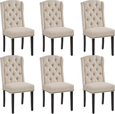 Yaheetech Dining Chairs Set of 6 Beige Upholstered Tufted with Nailhead Trims