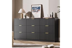MAISONARIA Black 9 Drawer Dresser for Bedroom, 63" Wide Modern Fluted Dresser with Gold Metal Handles, Chest of Drawers for Bedroom, Living Room, Entryway, Hallway
