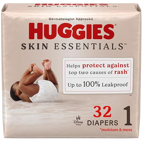 HUGGIES SIZE 1 DIAPERS, SKIN ESSENTIALS BABY DIAPERS, SIZE 1 (8-14 LBS), 32 COUNT, PACKAGING MAY VARY