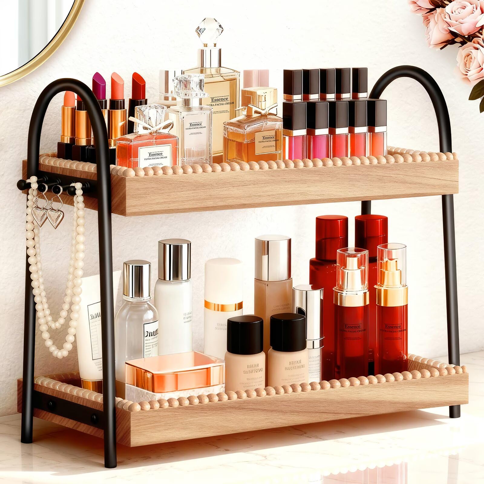 Photo 1 of 2-Tier Large & Medium Perfume Organizer with 8 Hooks for Jewelry, Bathroom Countertop & Vanity Tray Makeup Shelf - Space Saving Wooden Storage for Skincare, Dresser, Kitchen Decor(Black & Light Brown)