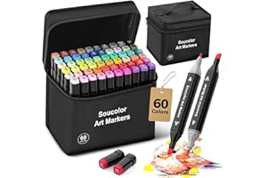 Soucolor Alcohol Markers 60 Colors with Case, Dual Tips Chisel & Fine Art Markers for Adult Coloring Kids Drawing, Artist Markers Art Supplies for Blending Sketching