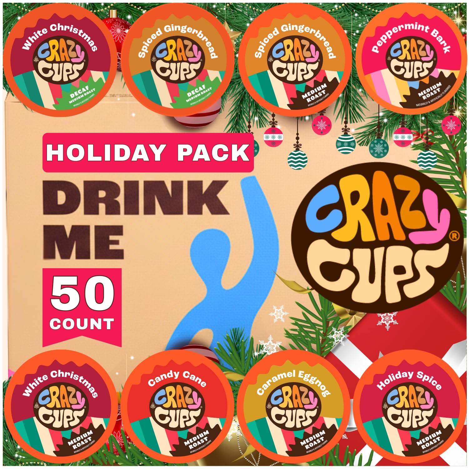 Crazy Cups Christmas Coffee Variety Pack, Holiday Sampler of Single Serve Flavored Coffee Pods For Keurig K Cup Machines, 50 Count – Great Holiday Gift
