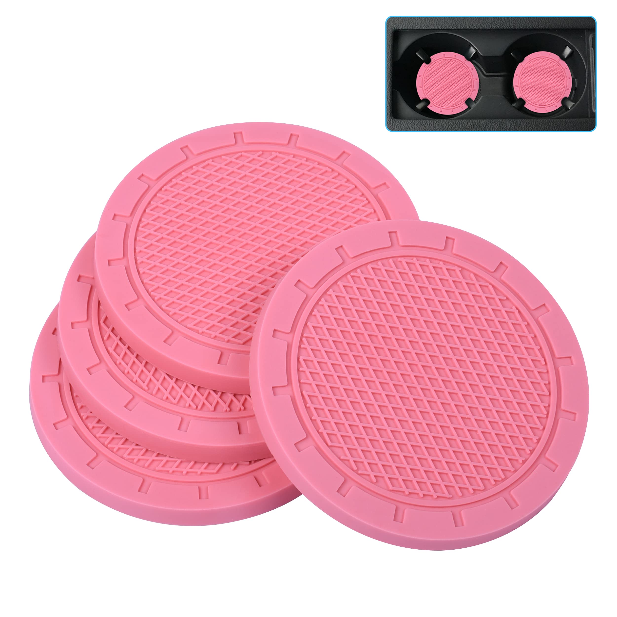 Car Coasters, Wisdompro 4 Pack PVC Car Cup Holder Insert Coaster - Anti Slip Universal Vehicle Interior Accessories Cup Mats for Women(2.75" Diameter, Pink)