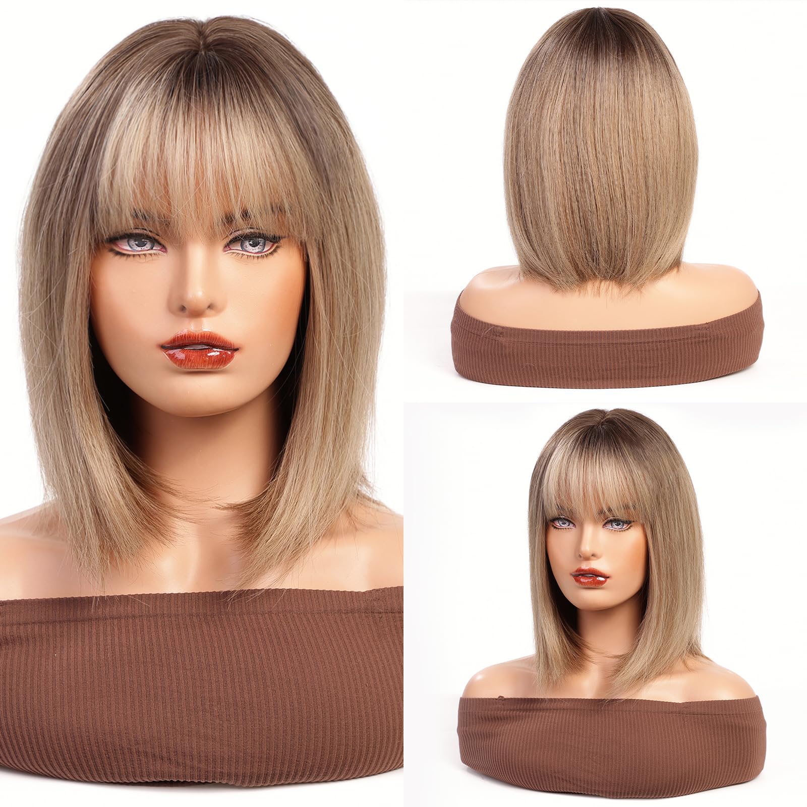 HAIRCUBE Long Straight Wigs for Women, Synthetic Hair Wig with Neat Fringe for Daily Use or Cosplay (Brown mixed Blonde)