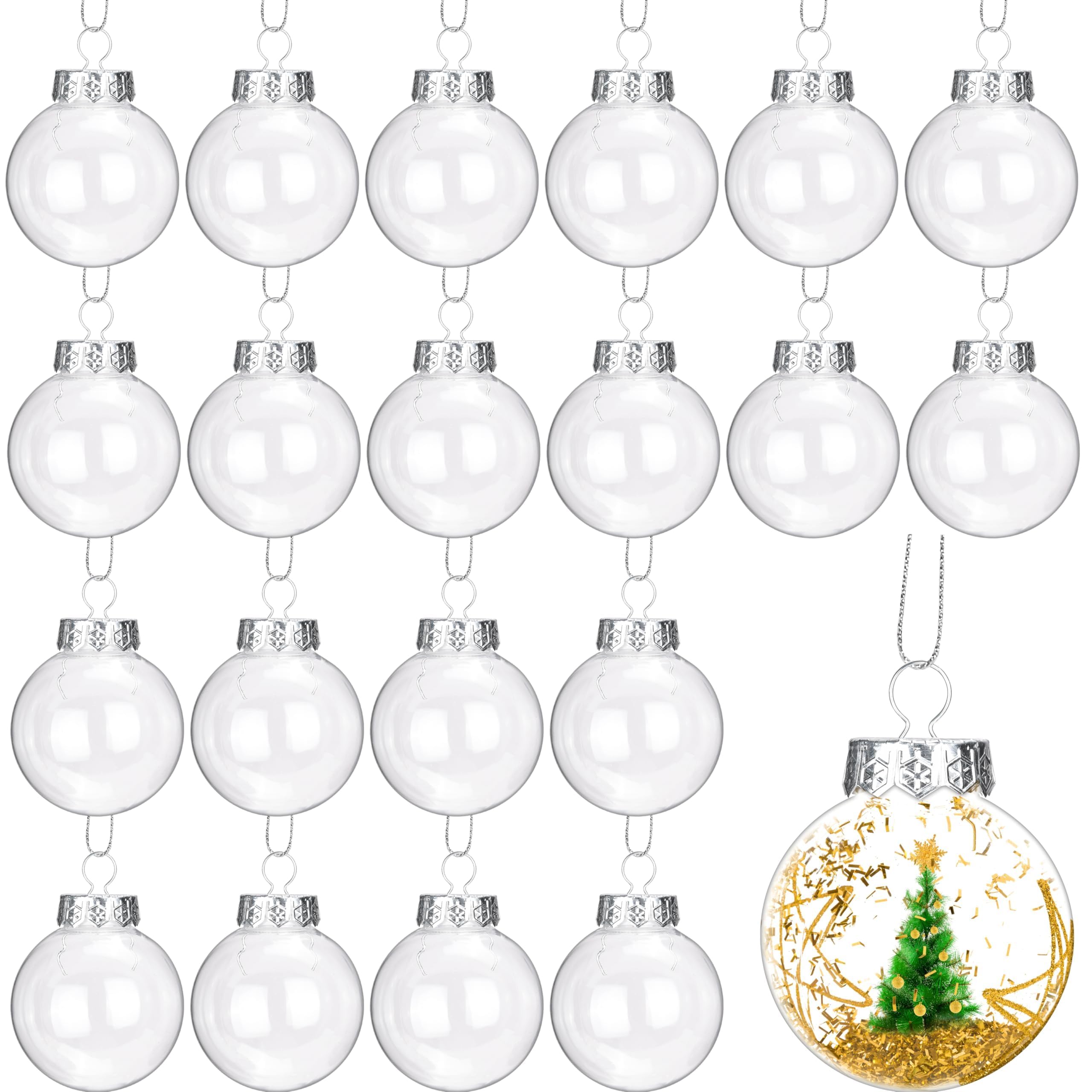 Photo 1 of 30Pcs Clear Christmas Ornament Ball, 2.4 Inches Transparent Fillable Tree Ornaments with Removable Silver Cap Hanging Cords, Flat Plastic Round Ball for Xmas Holiday Home Party Decor DIY Crafts