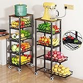Fruit Vegetable Storage Basket for Kitchen, 5 Tier Large Pull-Out Metal Wire Baskets with 4 Pack Mats Bottom, Wood Top and Wheels, Vegetable Produce Bins Stand Cart Rack for Onions and Potatoes