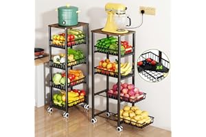 MIYAWELL Fruit Vegetable Storage Basket for Kitchen, 5 Tier Large Pull-Out Metal Wire Baskets with 4 Pack Mats Bottom, Wood Top and Wheels, Vegetable Produce Bins Stand Cart Rack for Onions and Potatoes
